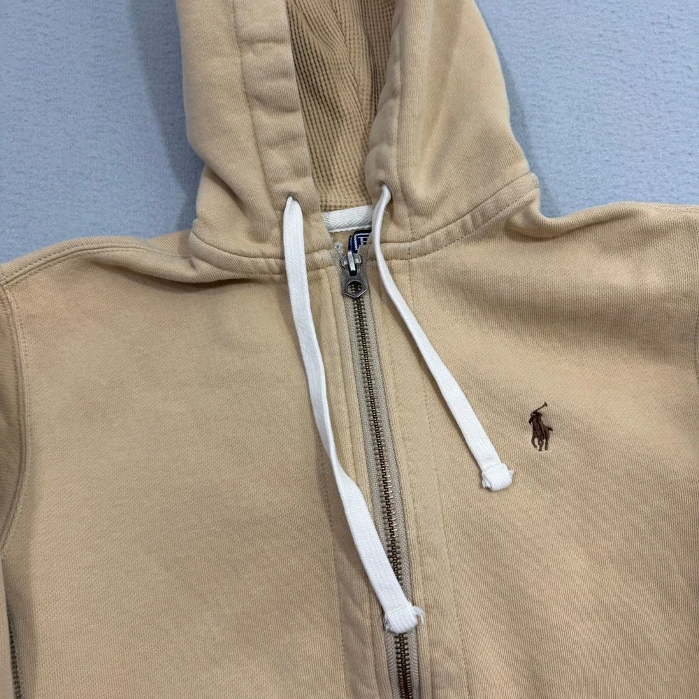 Polo Ralph Lauren Hoodie Small Beige Full Zip Pony Logo Waffle Lined Sweatshirt